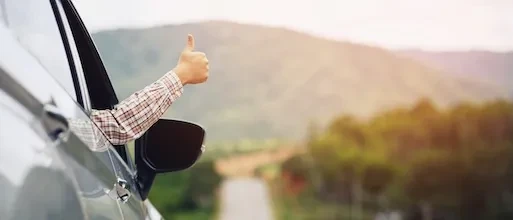 Eine aus dem Autofenster herausgestreckte Hand, die einen Daumen nach oben zeigt, mit unscharfer Landschaft im Hintergrund.